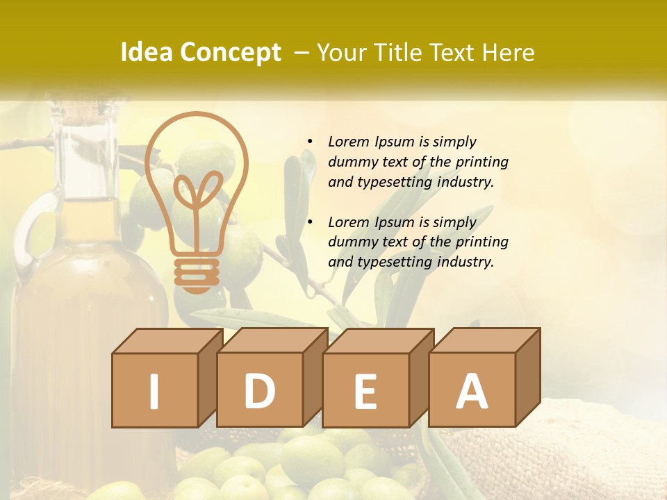 A Bottle Of Olive Oil Next To A Bunch Of Green Olives PowerPoint Template