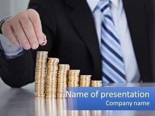 A Business Man Stacking Coins On Top Of A Table PowerPoint Template