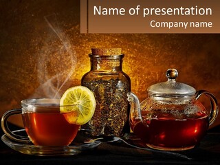 A Cup Of Tea Next To A Teapot With A Lemon On It PowerPoint Template