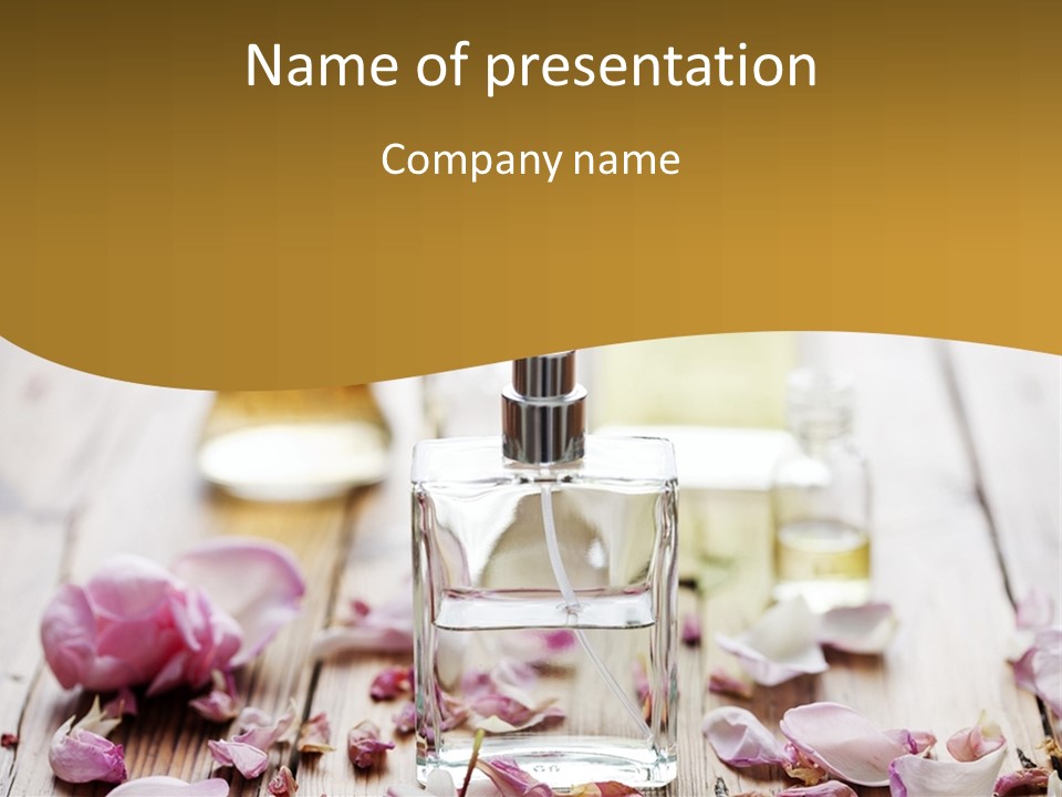 A Bottle Of Perfume Sitting On Top Of A Wooden Table PowerPoint Template