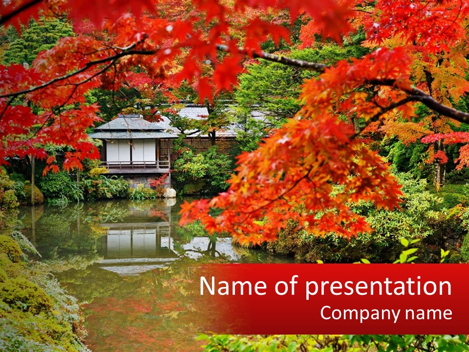 A Pond Surrounded By Trees With A House In The Background PowerPoint Template