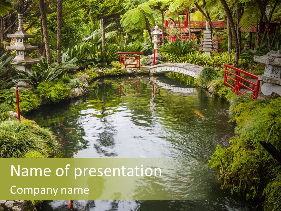 A Pond With A Bridge In The Middle Of It PowerPoint Template