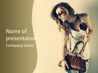 A Beautiful Woman Holding A Brown Purse Powerpoint Template PowerPoint Template