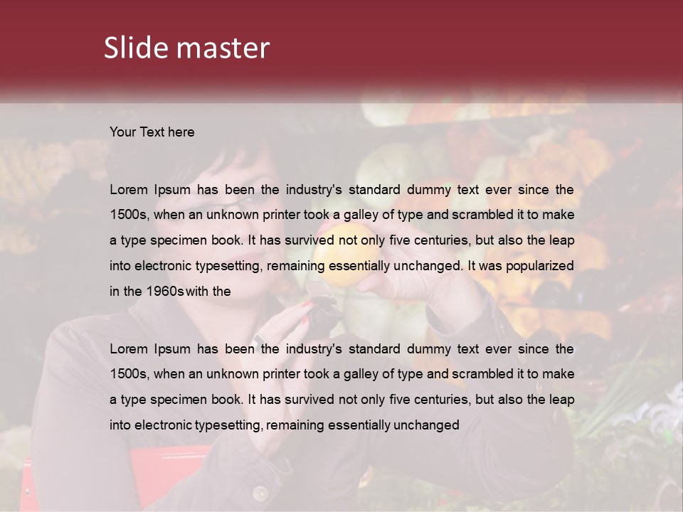 A Woman Holding An Orange In Front Of A Display Of Fruit PowerPoint Template