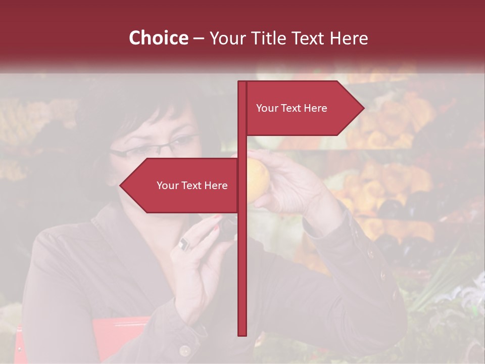 A Woman Holding An Orange In Front Of A Display Of Fruit PowerPoint Template