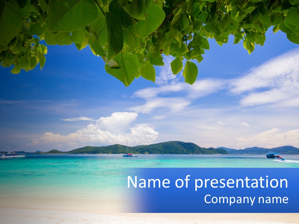 A Beach With Boats In The Water And A Blue Sky PowerPoint Template