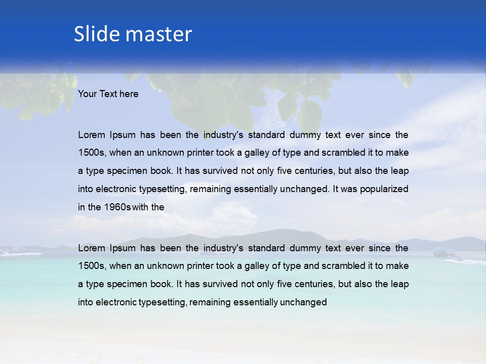 A Beach With Boats In The Water And A Blue Sky PowerPoint Template