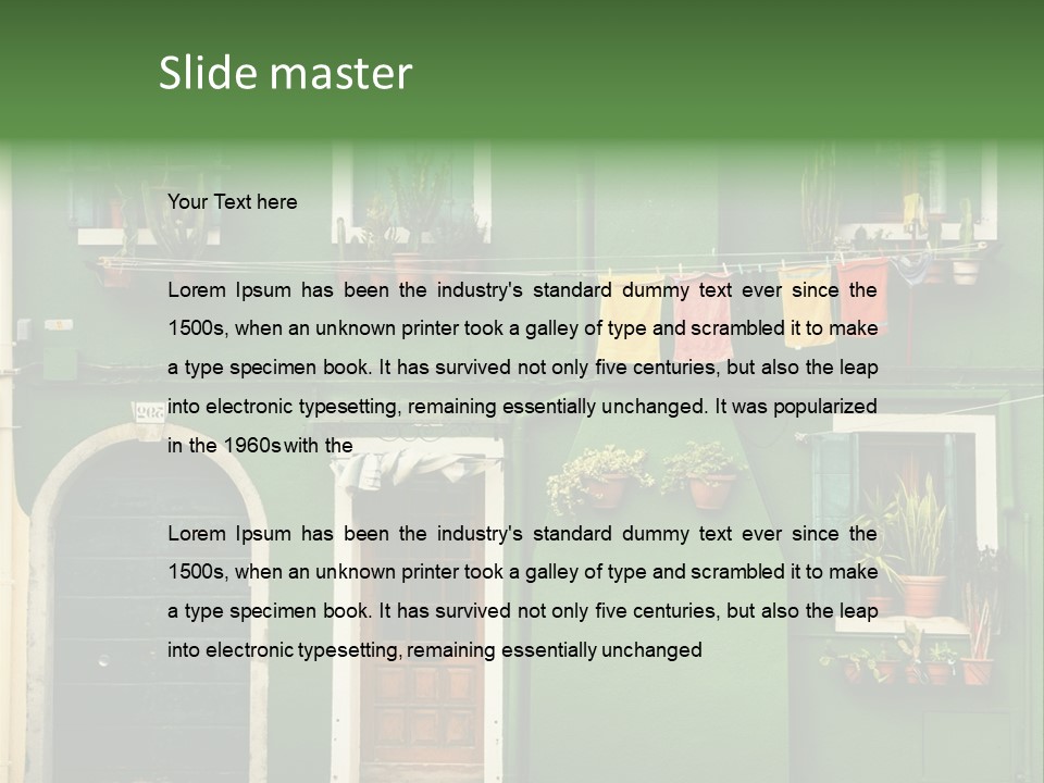 A Green Building With Potted Plants On The Windows PowerPoint Template