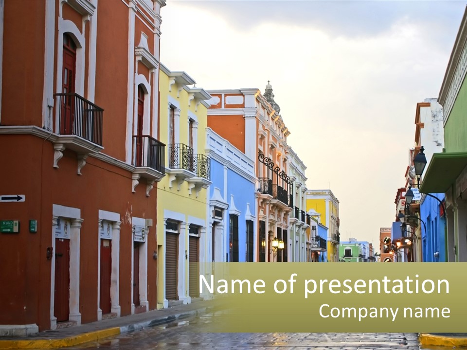 A Row Of Colorful Buildings On A City Street PowerPoint Template