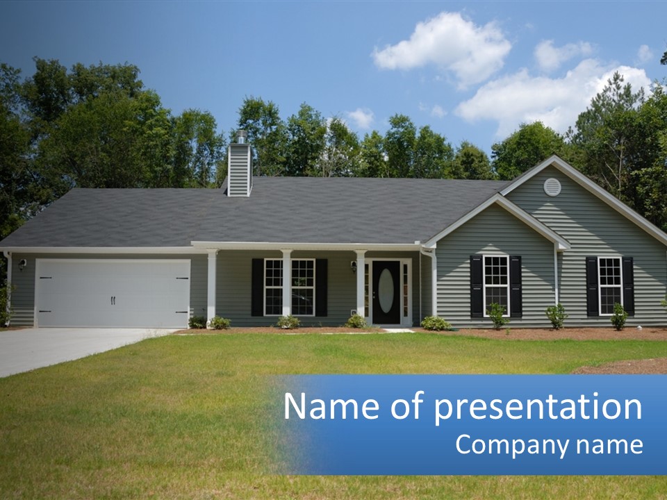 A House With A Blue Sign In Front Of It PowerPoint Template