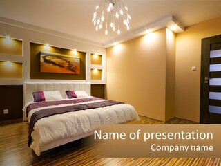 A Bedroom With A Bed And A Chandelier PowerPoint Template