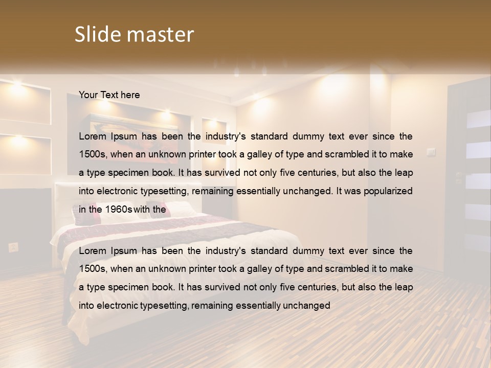 A Bedroom With A Bed And A Chandelier PowerPoint Template