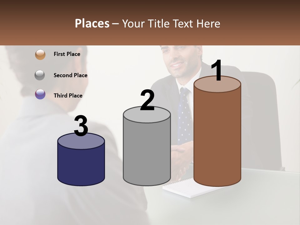 A Man Shaking Hands With A Woman At A Desk PowerPoint Template