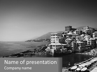 A Black And White Photo Of A Town By The Water PowerPoint Template