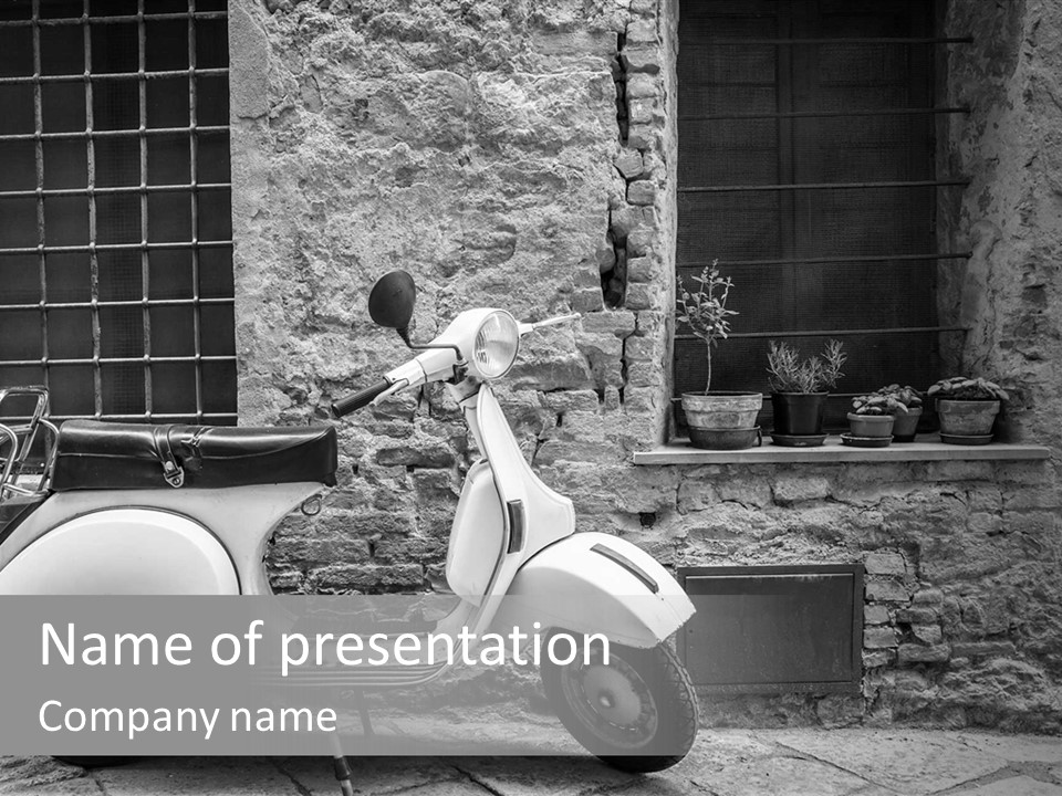 A Motor Scooter Parked In Front Of A Stone Building PowerPoint Template