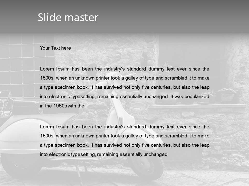 A Motor Scooter Parked In Front Of A Stone Building PowerPoint Template
