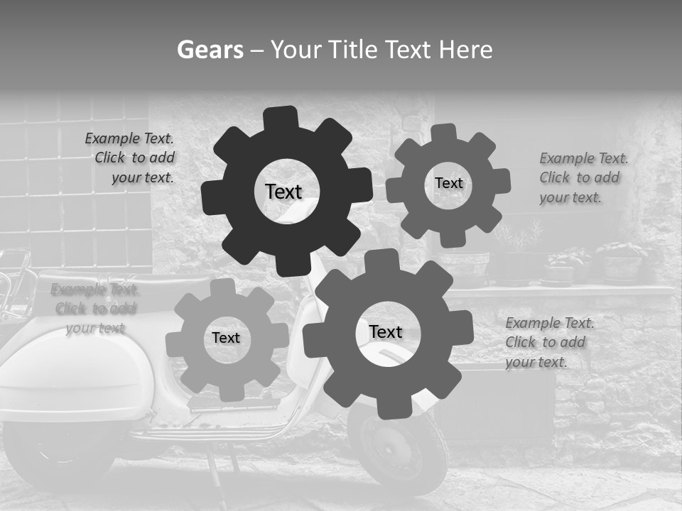 A Motor Scooter Parked In Front Of A Stone Building PowerPoint Template