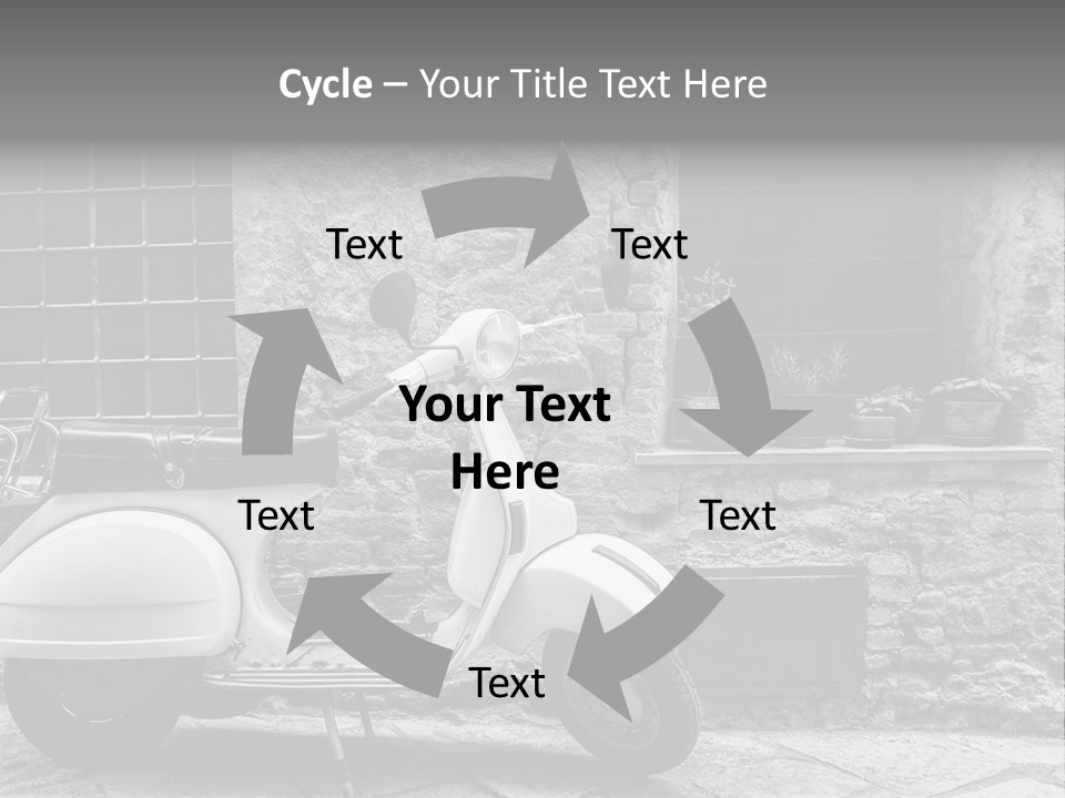 A Motor Scooter Parked In Front Of A Stone Building PowerPoint Template