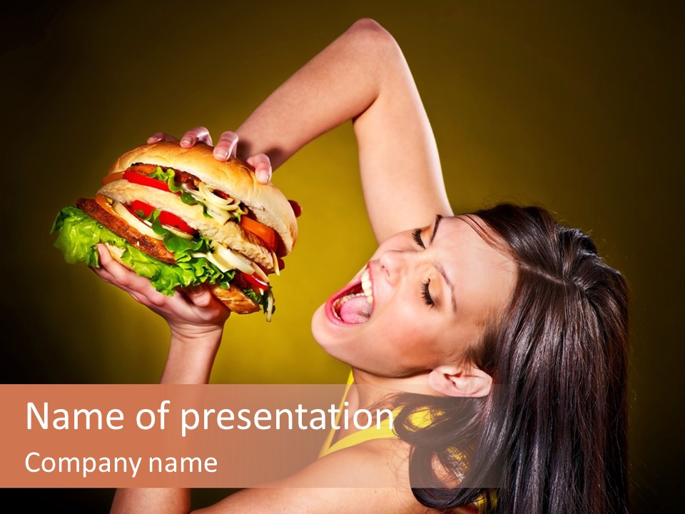 A Woman Holding A Large Hamburger Up To Her Face PowerPoint Template