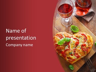 A Heart Shaped Pizza On A Cutting Board With Two Glasses Of Wine PowerPoint Template
