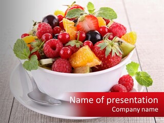 A Bowl Of Fruit With A Spoon On A Plate PowerPoint Template