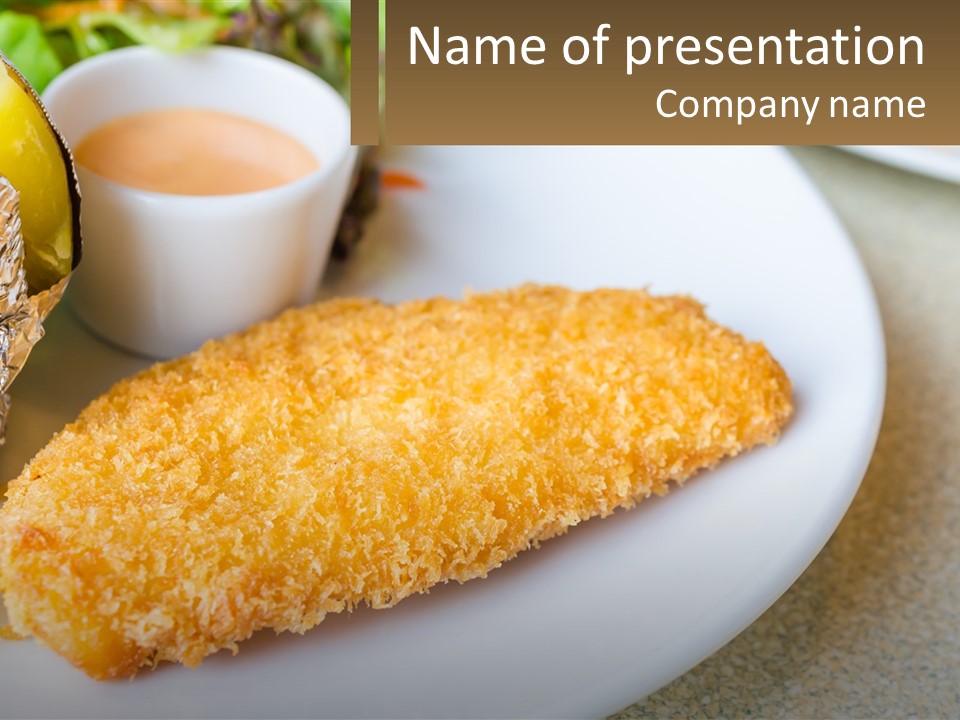 A White Plate Topped With A Piece Of Fish Next To A Cup Of Sauce PowerPoint Template