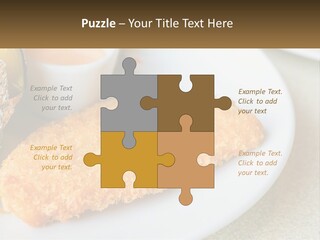 A White Plate Topped With A Piece Of Fish Next To A Cup Of Sauce PowerPoint Template