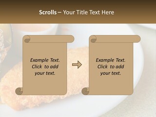 A White Plate Topped With A Piece Of Fish Next To A Cup Of Sauce PowerPoint Template