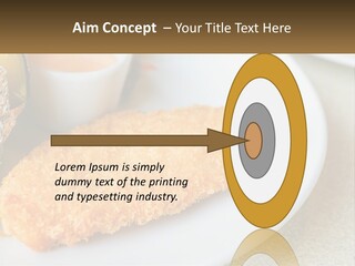 A White Plate Topped With A Piece Of Fish Next To A Cup Of Sauce PowerPoint Template