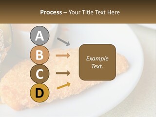 A White Plate Topped With A Piece Of Fish Next To A Cup Of Sauce PowerPoint Template