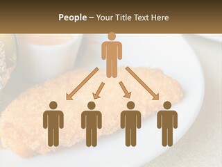 A White Plate Topped With A Piece Of Fish Next To A Cup Of Sauce PowerPoint Template