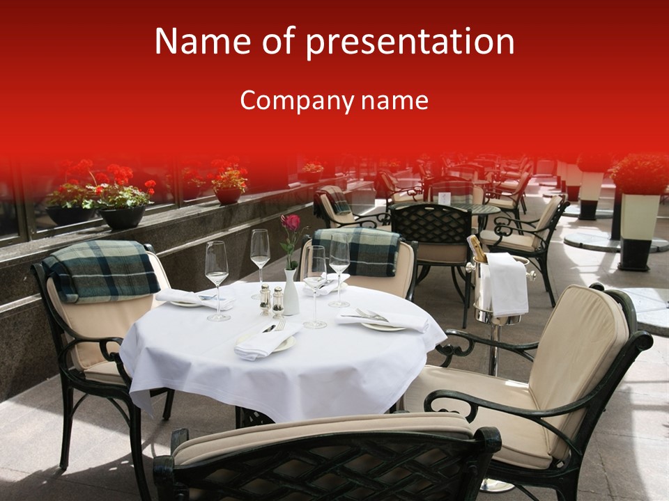 A Restaurant With Tables And Chairs With A Red Background PowerPoint Template