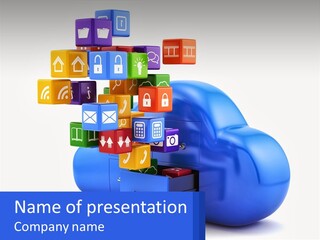 A Blue Cloud Filled With Colorful Blocks And Icons PowerPoint Template