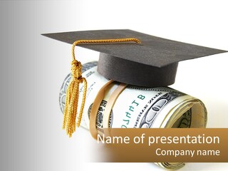 A Graduation Cap Sitting On Top Of A Stack Of Money PowerPoint Template