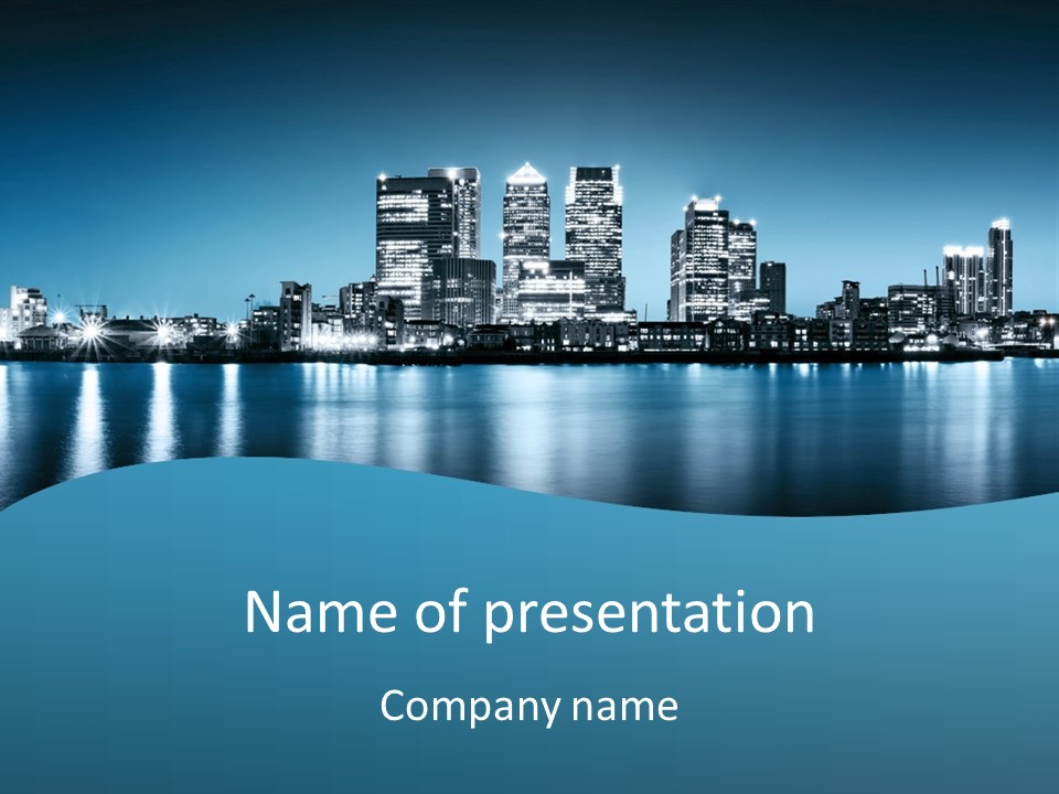 A City At Night With A Blue Sky And Water In The Foreground PowerPoint Template