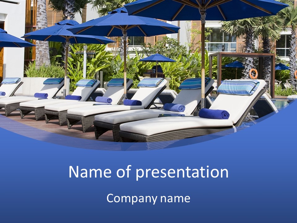 A Row Of Lounge Chairs With Blue Umbrellas Over Them PowerPoint Template