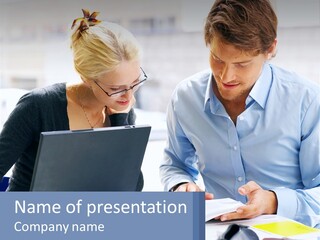 A Man And Woman Looking At A Laptop Screen PowerPoint Template