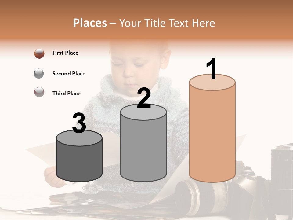 A Baby Reading A Book Next To A Camera PowerPoint Template