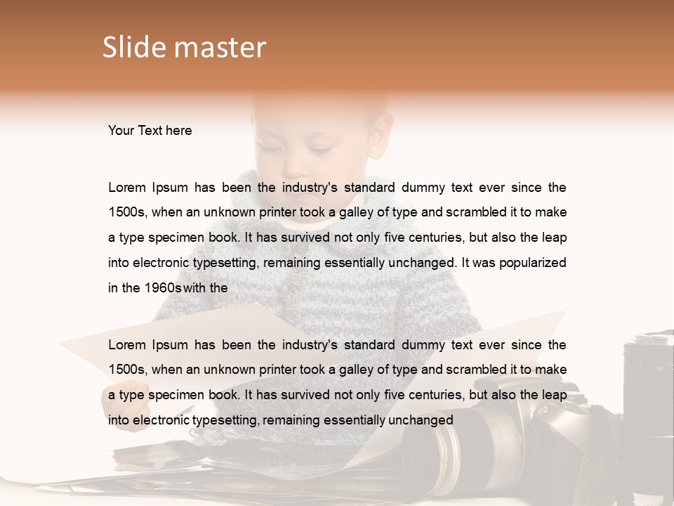 A Baby Reading A Book Next To A Camera PowerPoint Template