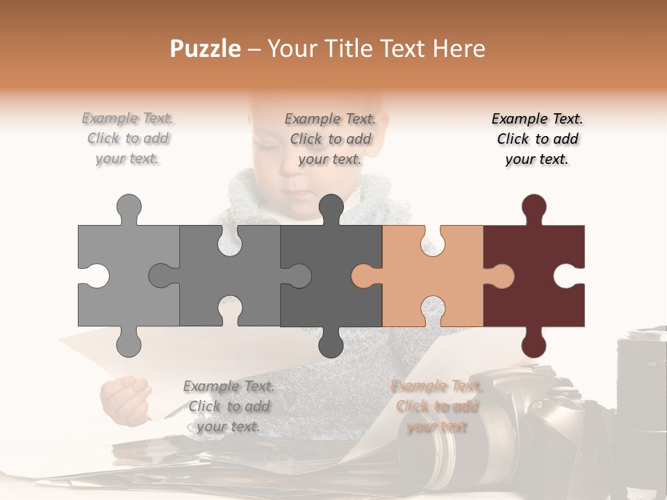 A Baby Reading A Book Next To A Camera PowerPoint Template