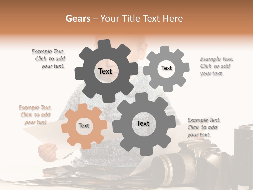 A Baby Reading A Book Next To A Camera PowerPoint Template