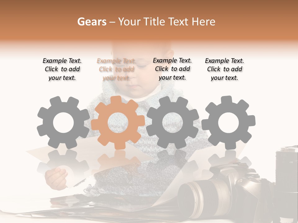 A Baby Reading A Book Next To A Camera PowerPoint Template