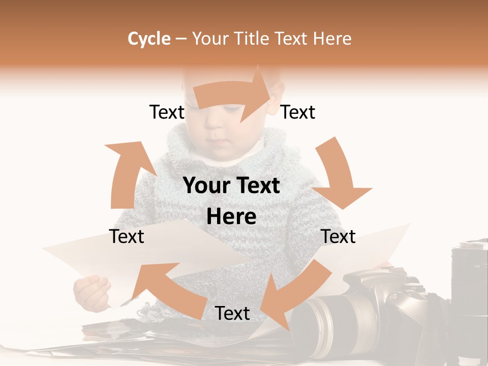 A Baby Reading A Book Next To A Camera PowerPoint Template