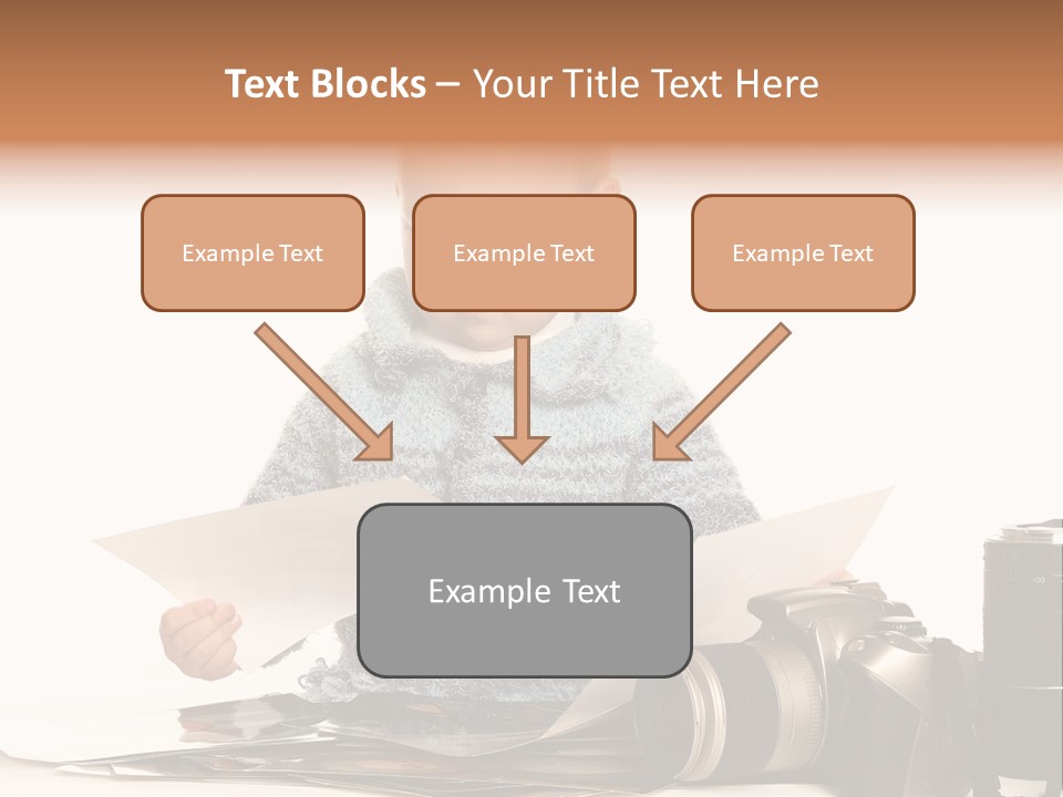 A Baby Reading A Book Next To A Camera PowerPoint Template
