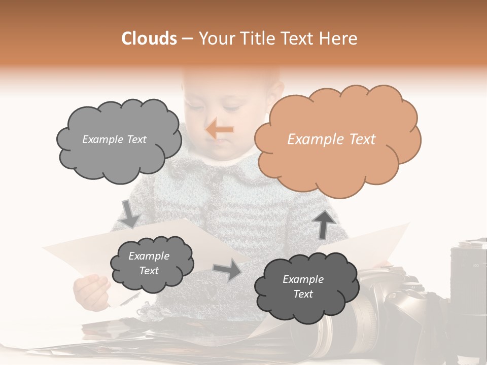 A Baby Reading A Book Next To A Camera PowerPoint Template