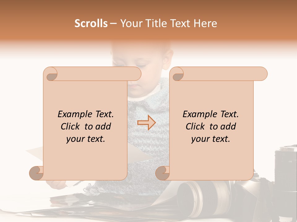 A Baby Reading A Book Next To A Camera PowerPoint Template