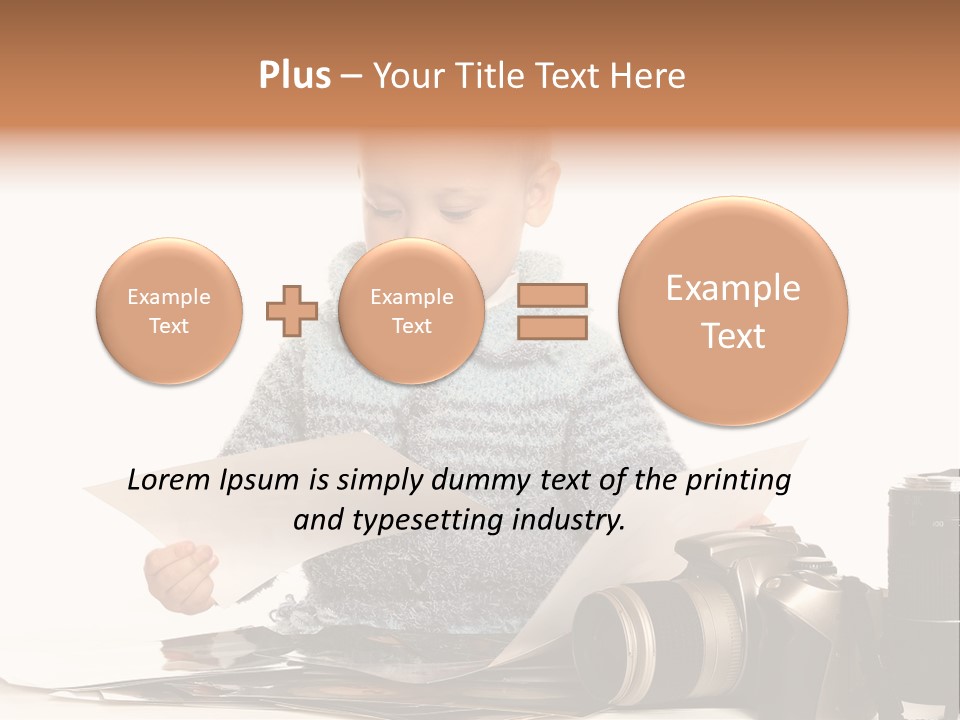 A Baby Reading A Book Next To A Camera PowerPoint Template