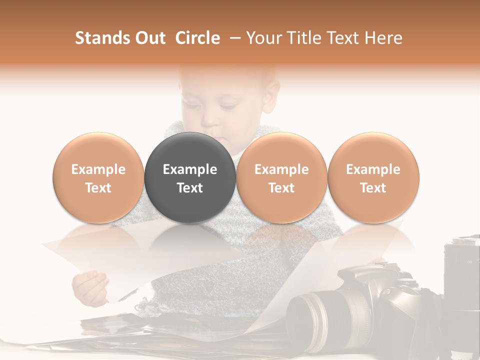 A Baby Reading A Book Next To A Camera PowerPoint Template