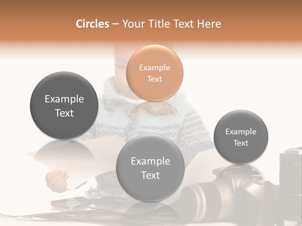 A Baby Reading A Book Next To A Camera PowerPoint Template