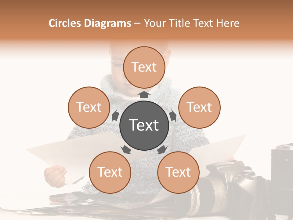 A Baby Reading A Book Next To A Camera PowerPoint Template